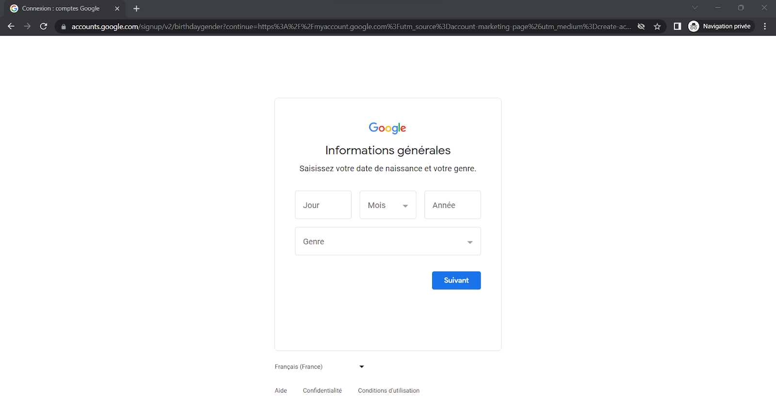 Interface de cr\xe9ation d'un compte google