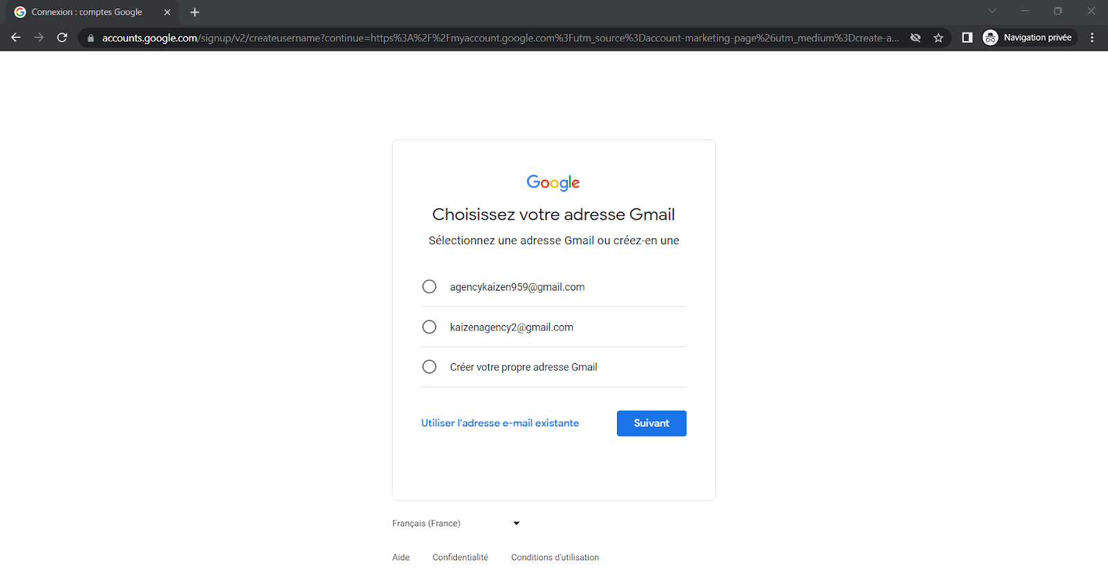 Interface de cr\xe9ation d'un compte google