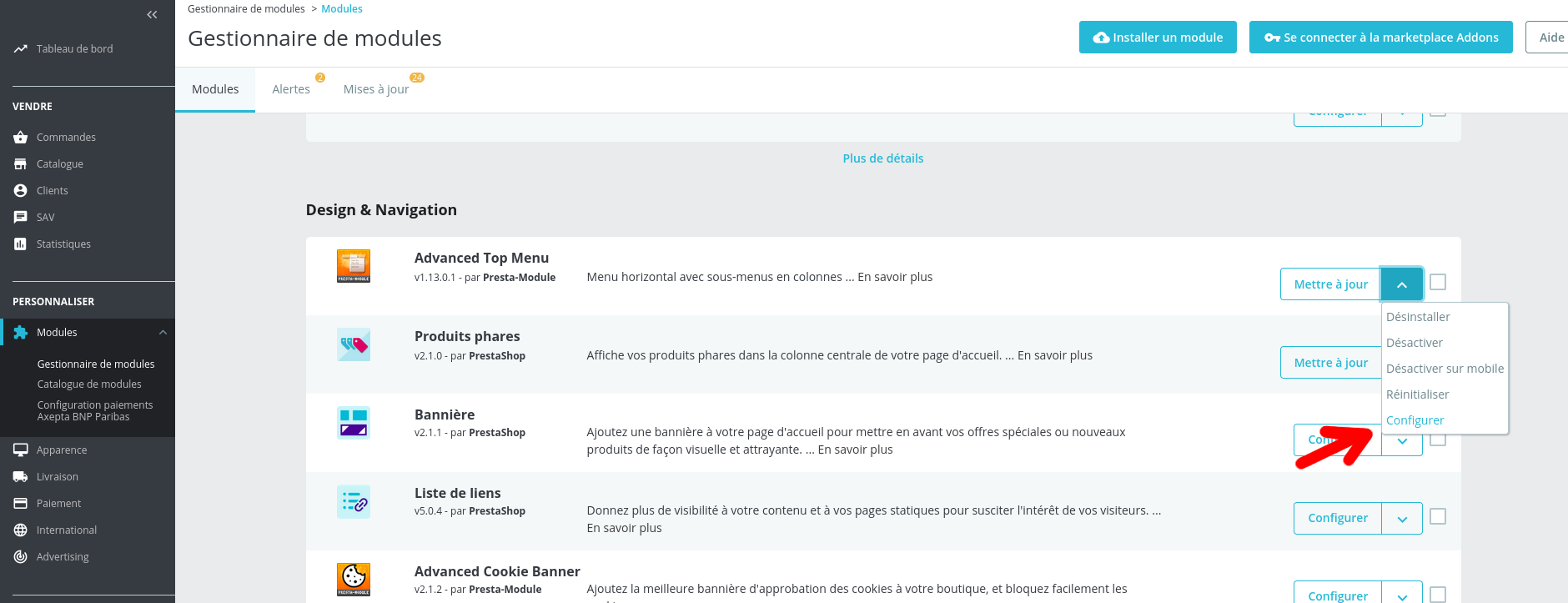 Interface PrestaShop